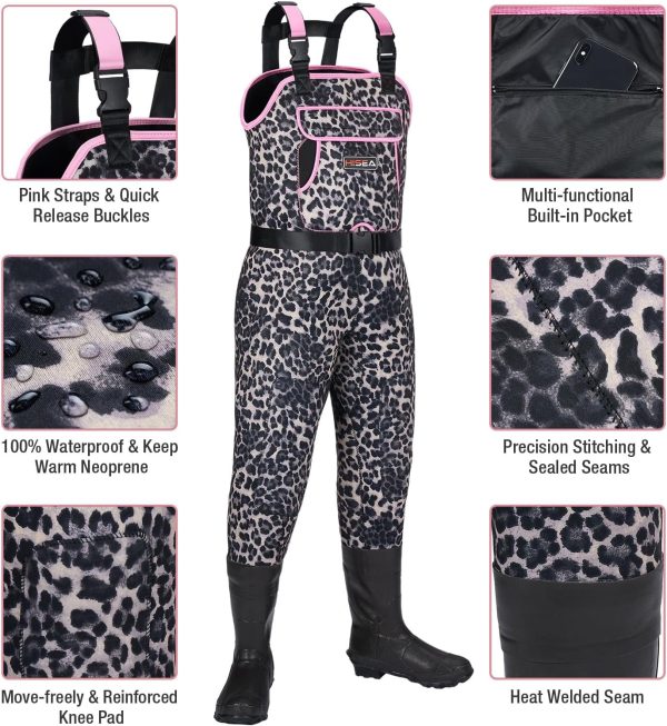 HISEA Women's Chest Waders Leopard Duck Hunting Waders for Women with Boots Neoprene Fishing Waders - Image 2