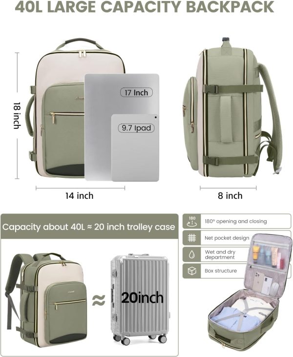 40L Travel Backpack for Women & Men, Large Carry on Backpack for Airplanes with 3 Packing Cubes, TSA Personal Item Travel Bag fits 17" Laptop, Waterproof Weekender Essentials Airline Approved - Image 5